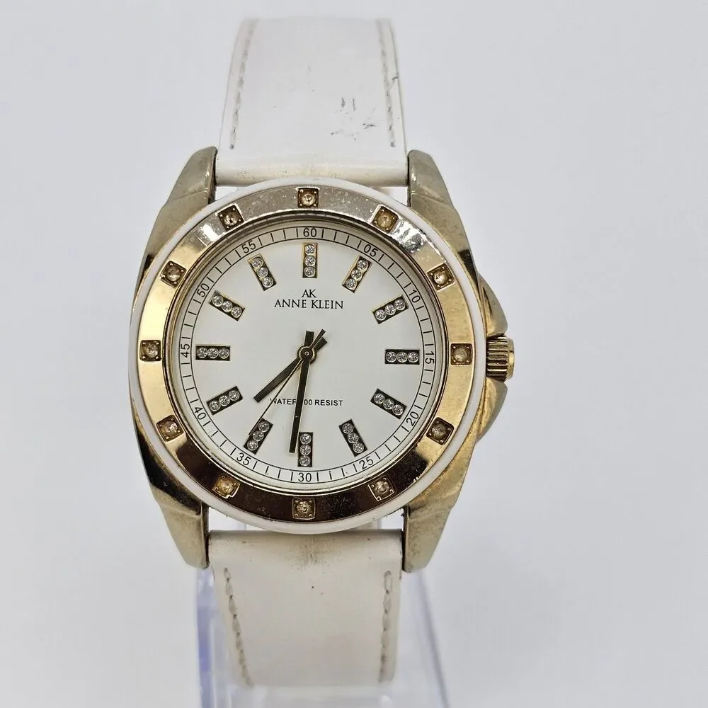 Anne Klein Women's Watch‎ 36MM White Dial White Leather Bands New Battery